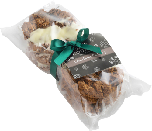 Packaged cookies with a green ribbon and label on a white background