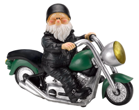 Figurine of a man with a white beard riding a motorcycle on a white background