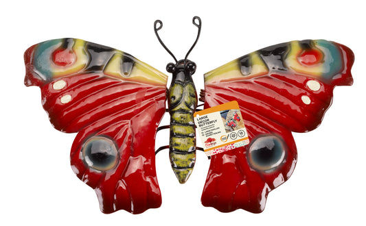 Colorful butterfly-shaped object with a label on a white background