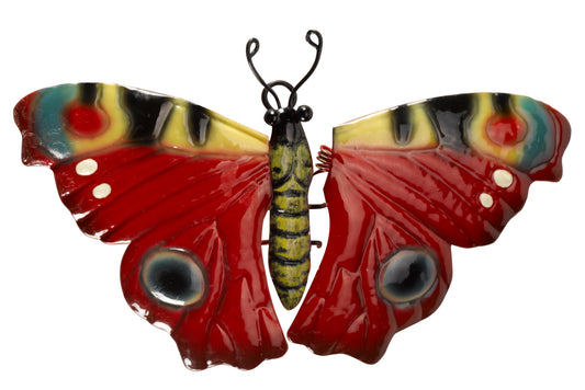 Colourful butterfly-shaped object with a small insect-like figure in the centre on a white background