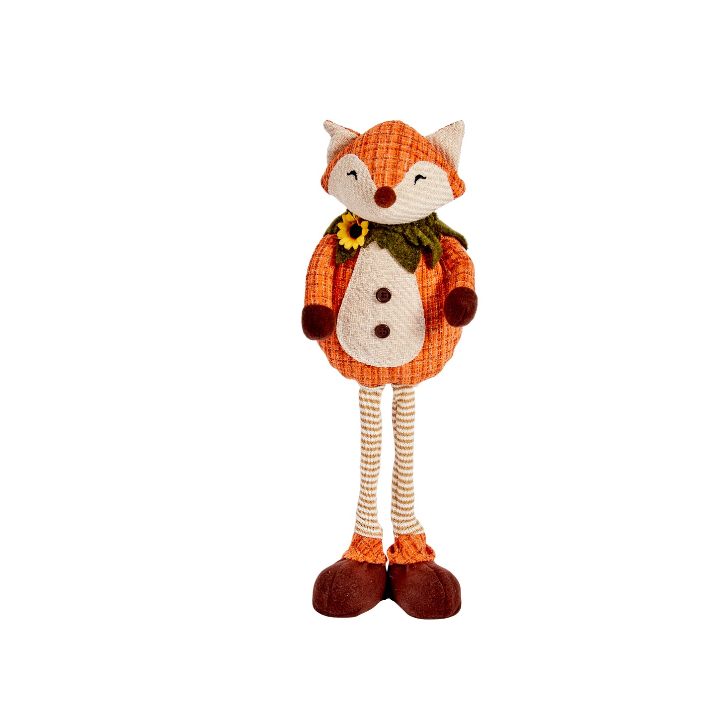 Stuffed fox toy with a sunflower on a white background