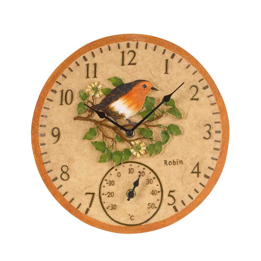 Round wall clock with a robin design on a white background
