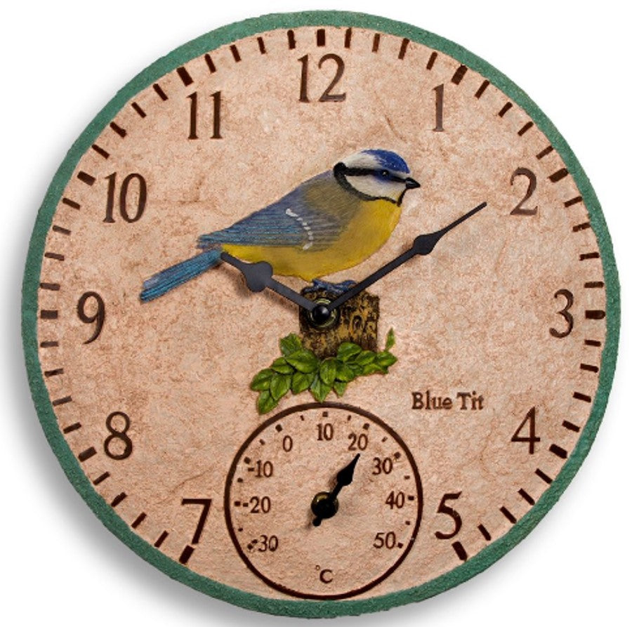 Wall clock with a bird design and temperature gauge on a white background