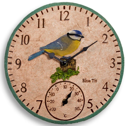 Wall clock with a bird design and temperature gauge on a white background