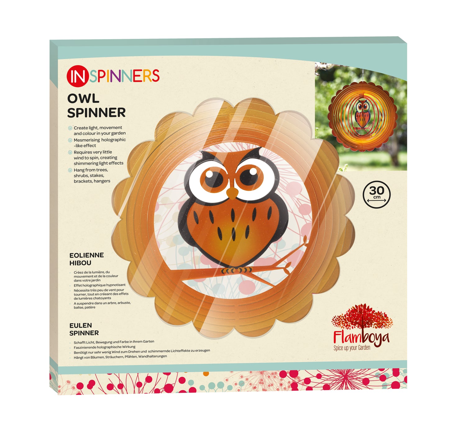 Flairboga owl spinner packaging with owl design on a light green background