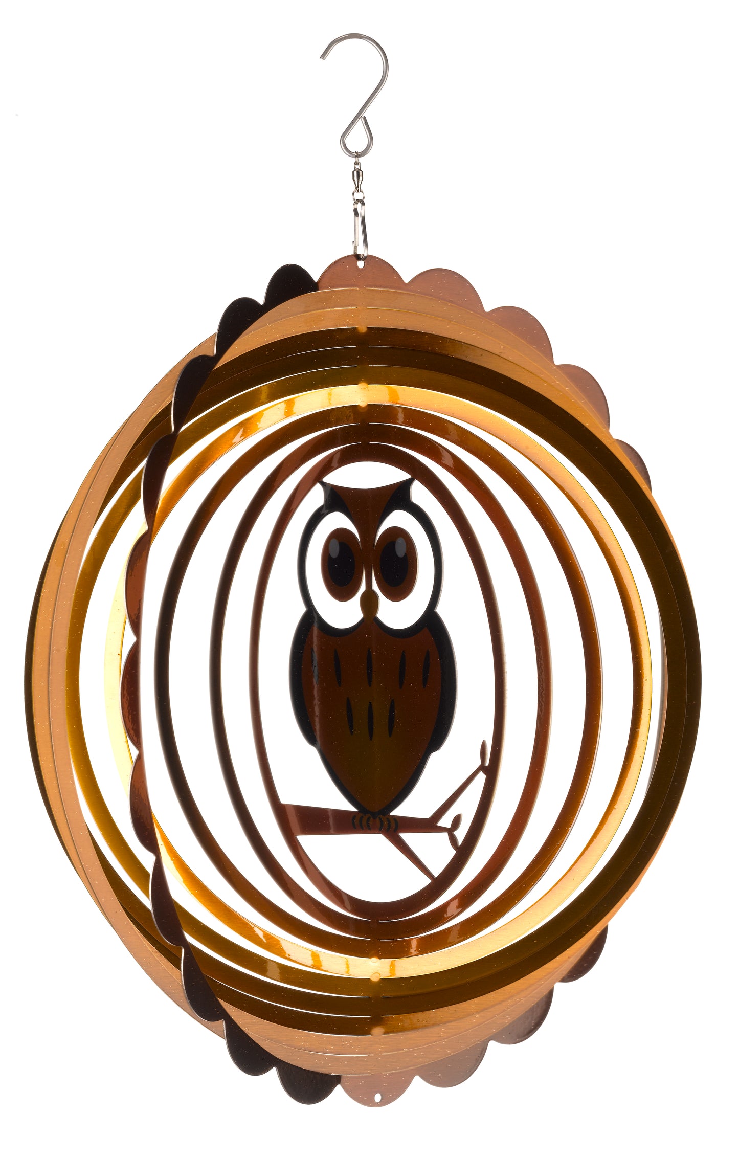Decorative wind spinner with owl design on a white background