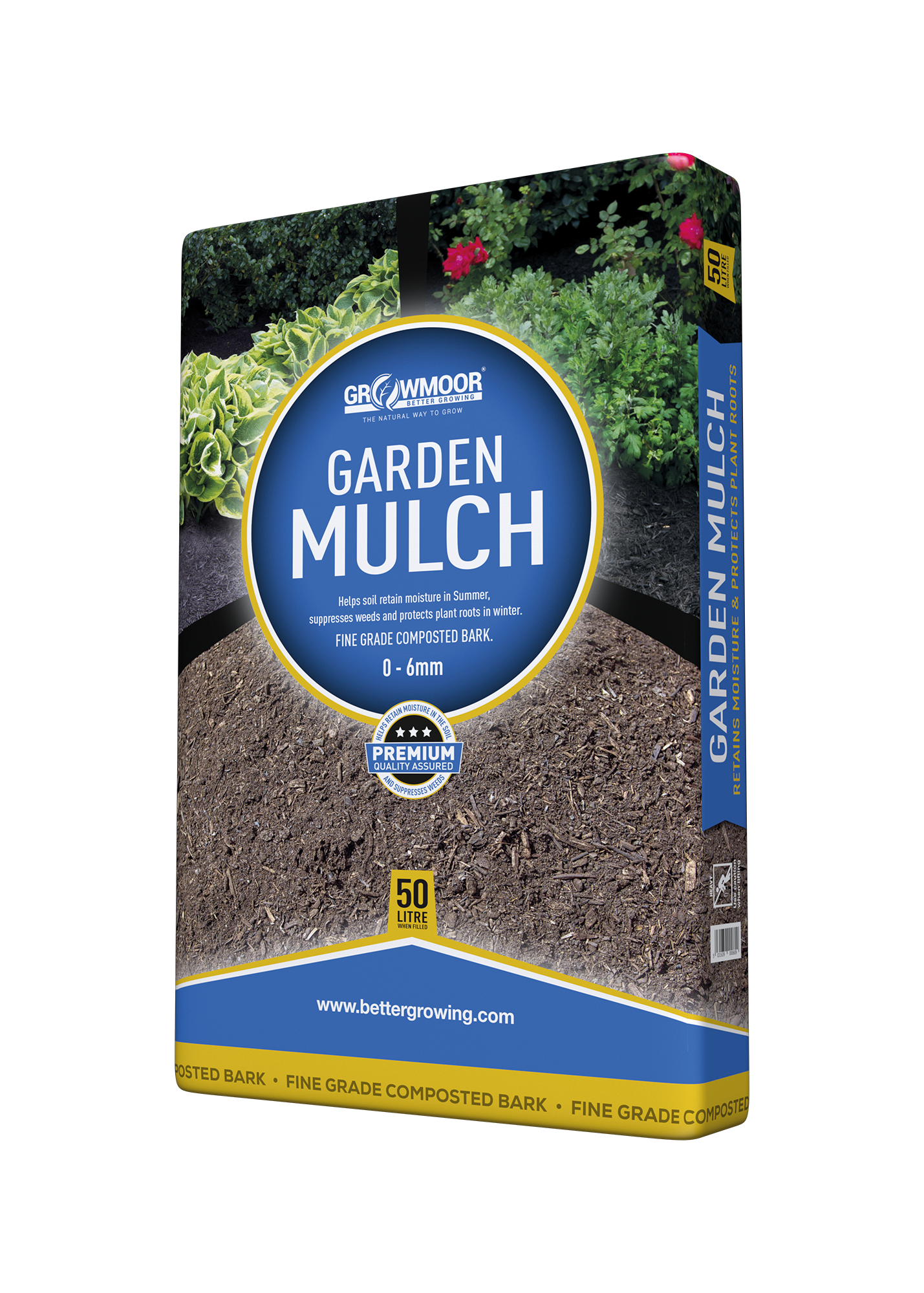 Bag of garden mulch with branding on a white background