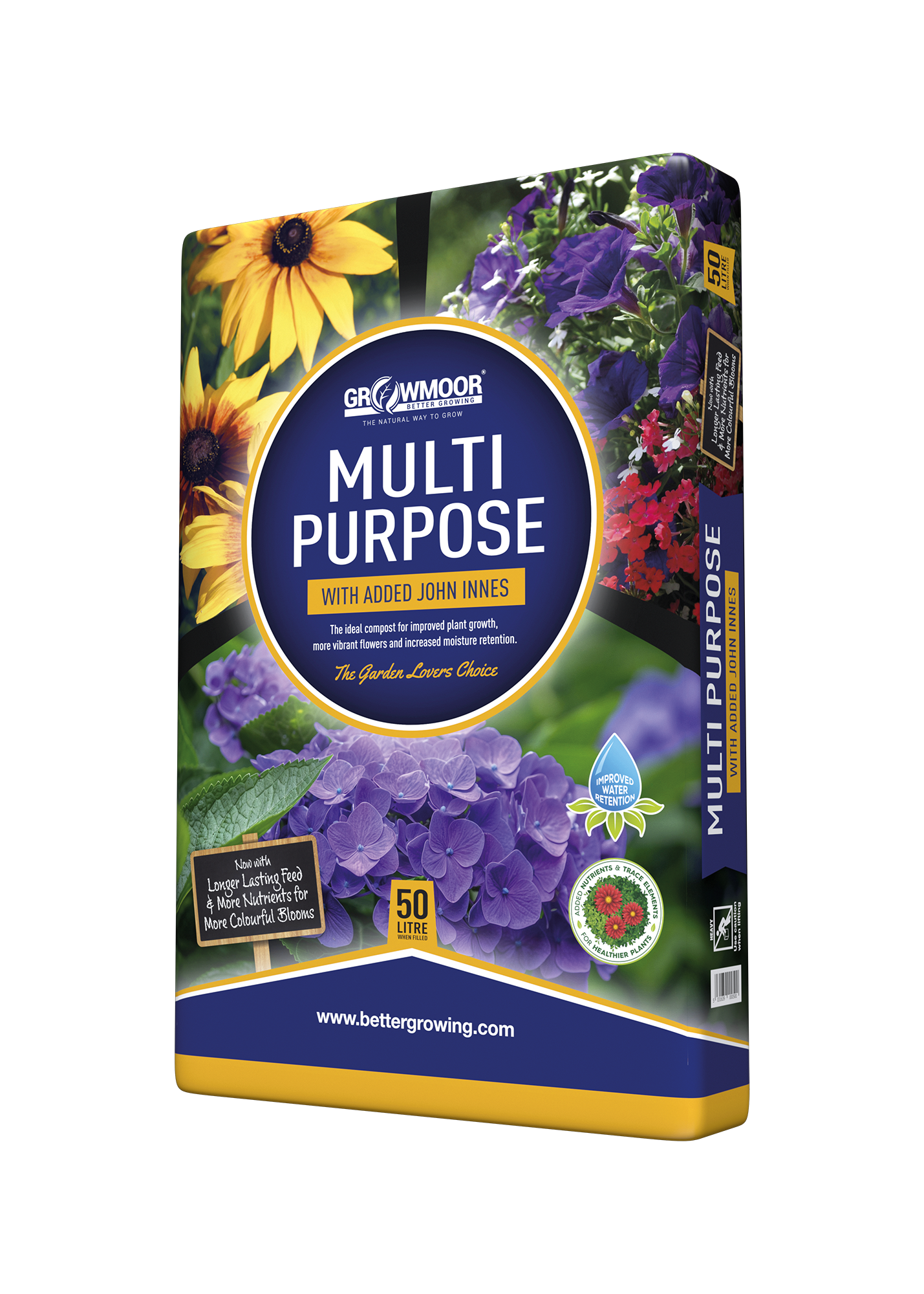 Growmoor multi-purpose fertilizer packaging with flowers on a white background