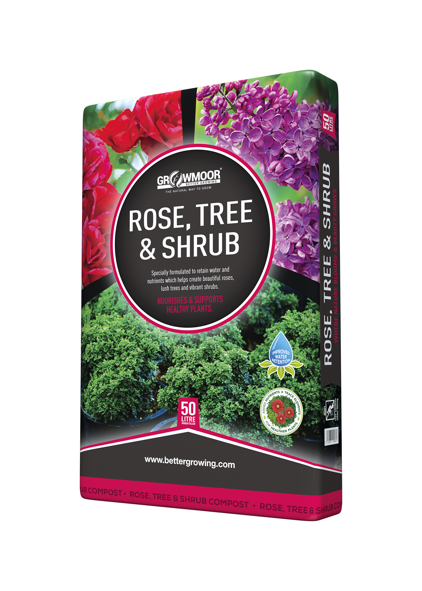 Gardening fertilizer package for rose, tree, and shrub with colorful floral design on a white background.