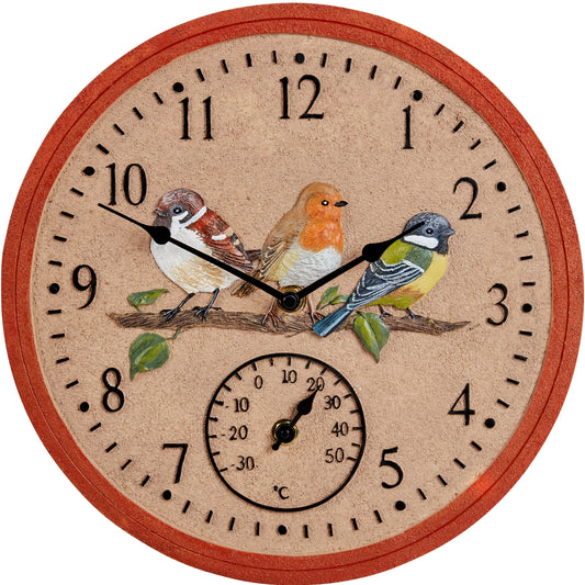 Round wall clock with bird design on a beige background