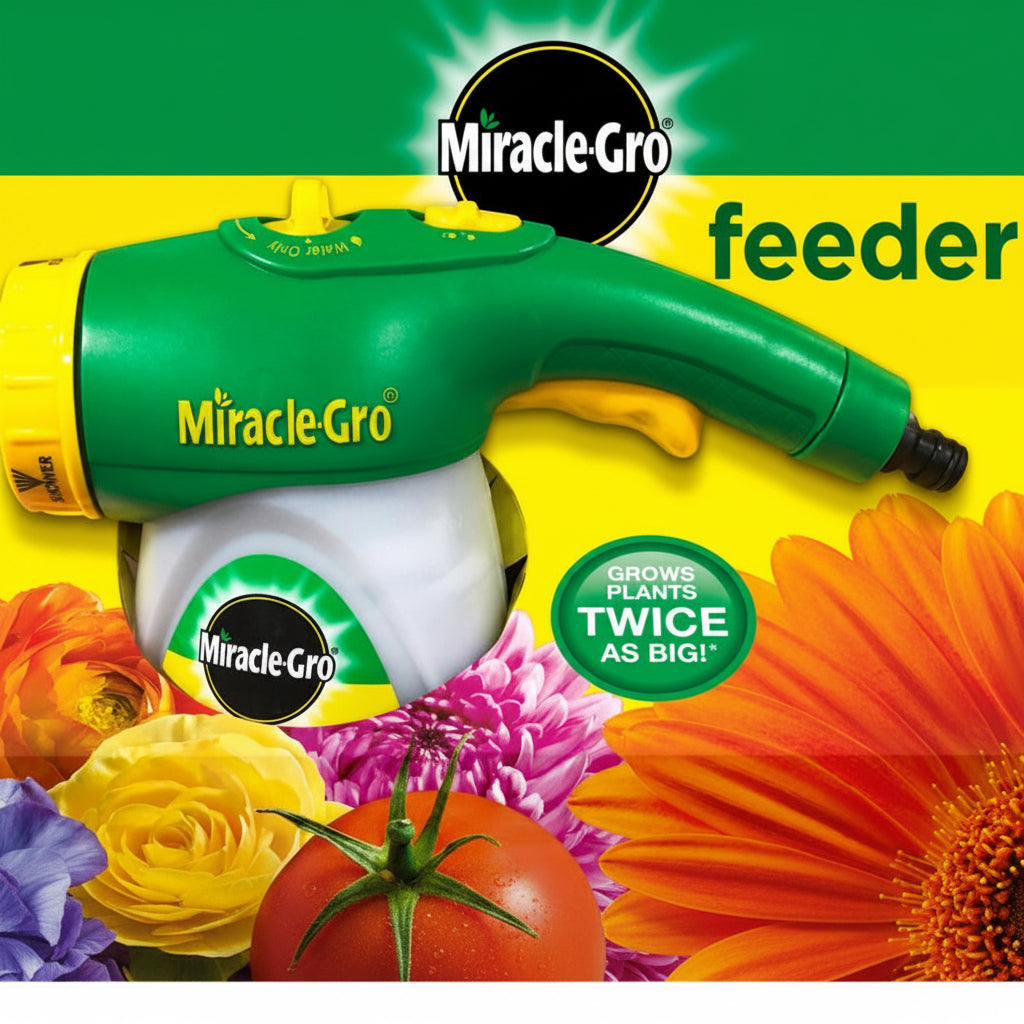 Miracle-Gro feeder with flowers and vegetables on a yellow background