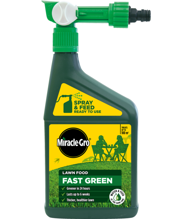 Miracle-Gro Lawn Food Fast Green spray bottle on a white background