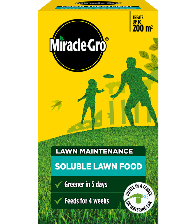 Box of Miracle-Gro lawn maintenance soluble lawn food with yellow background and green text.