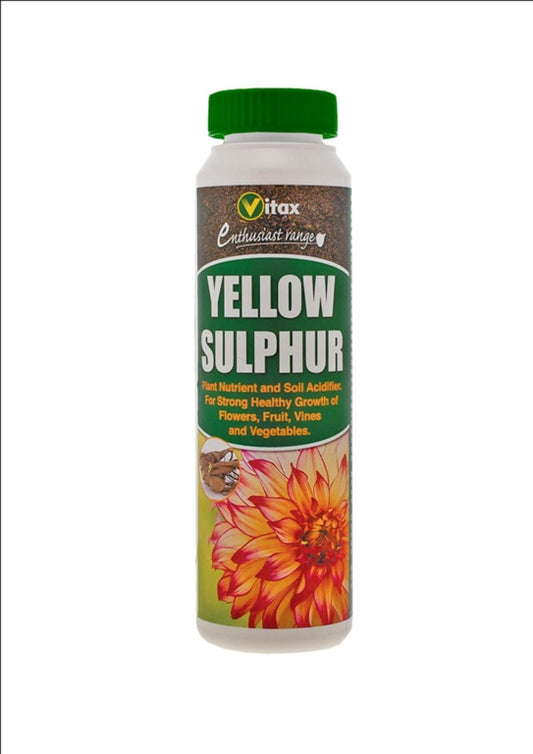 Vitax Yellow Sulphur bottle with a colorful label on a white background