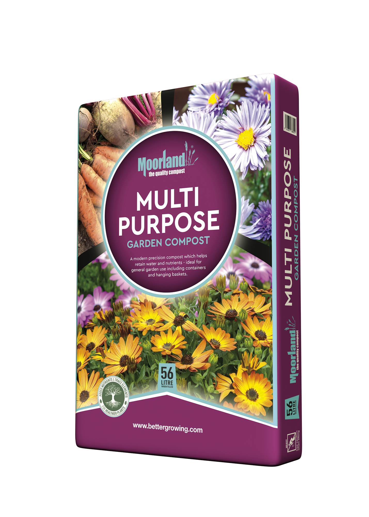Box of Moorten Multi Purpose Garden Compost with images of vegetables, flowers, and text on a white background.