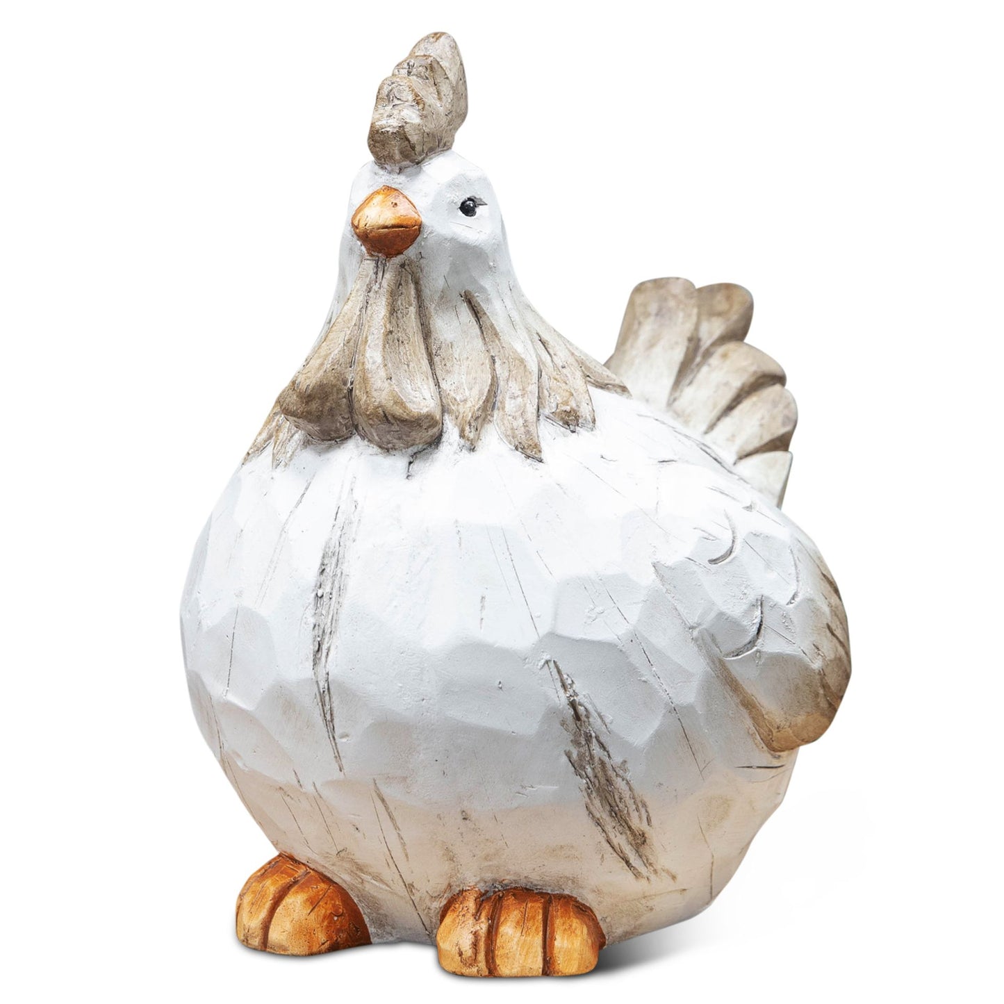 Decorative chicken figurine with a white body and brown accents on a white background