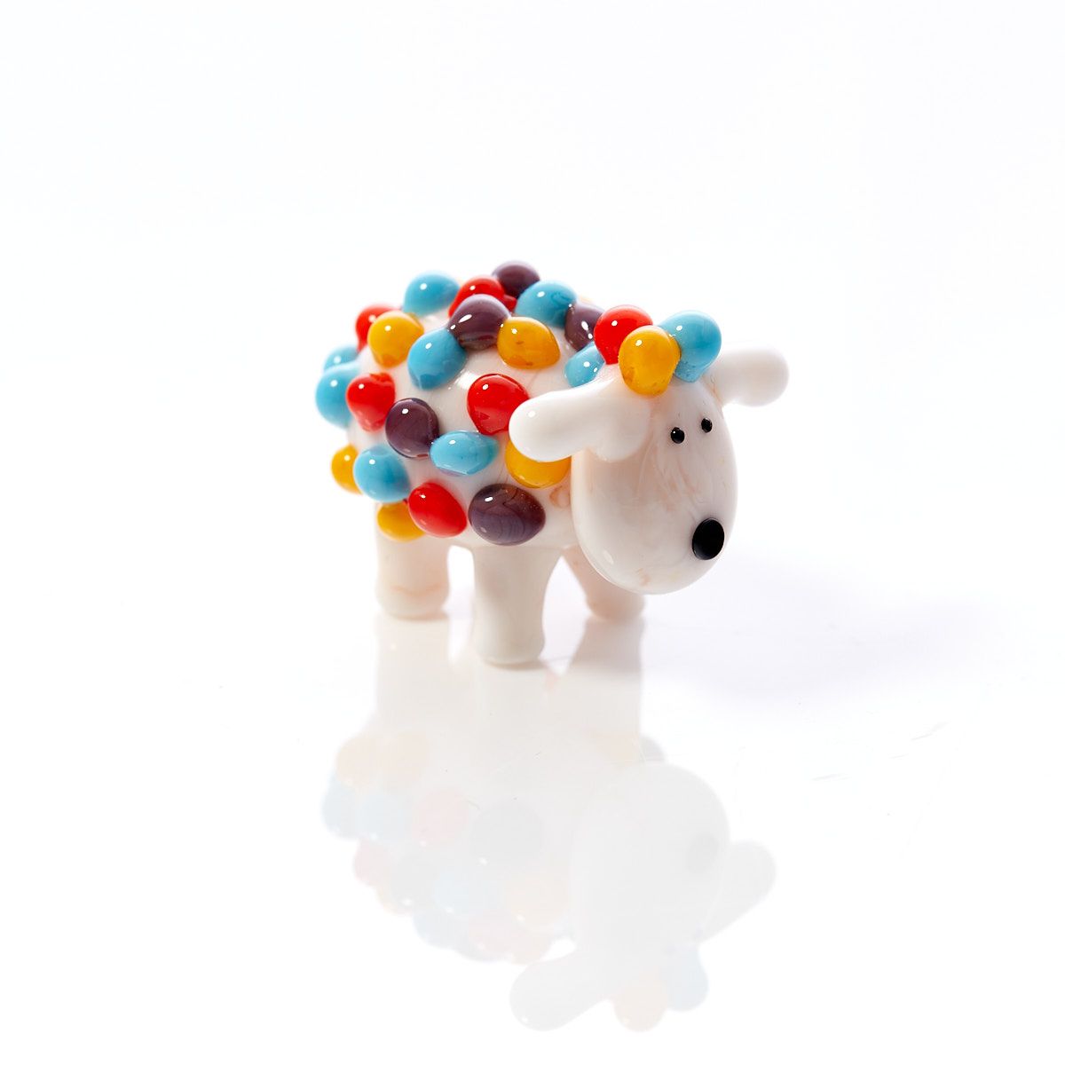 Hand-blown glass sheep ornament | White figure with body covered in bright, multi-coloured glass beads | Decorative animal figurine UK