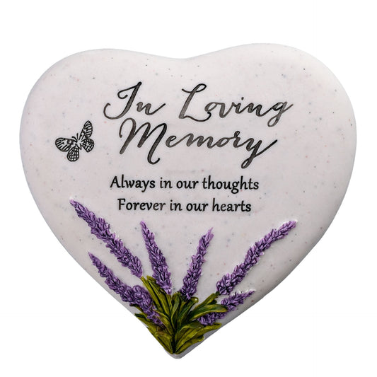 Heart-shaped memorial stone with lavender design and text 'In Loving Memory' on a white background