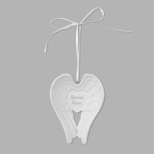 White angel wing ornament with 'Special Mum' engraving on a gray background