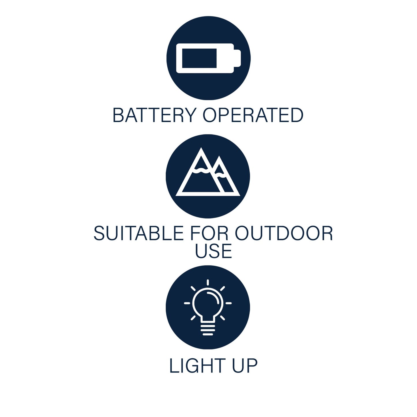 Icons indicating battery-operated, suitable for outdoor use, and light-up features on a white background.