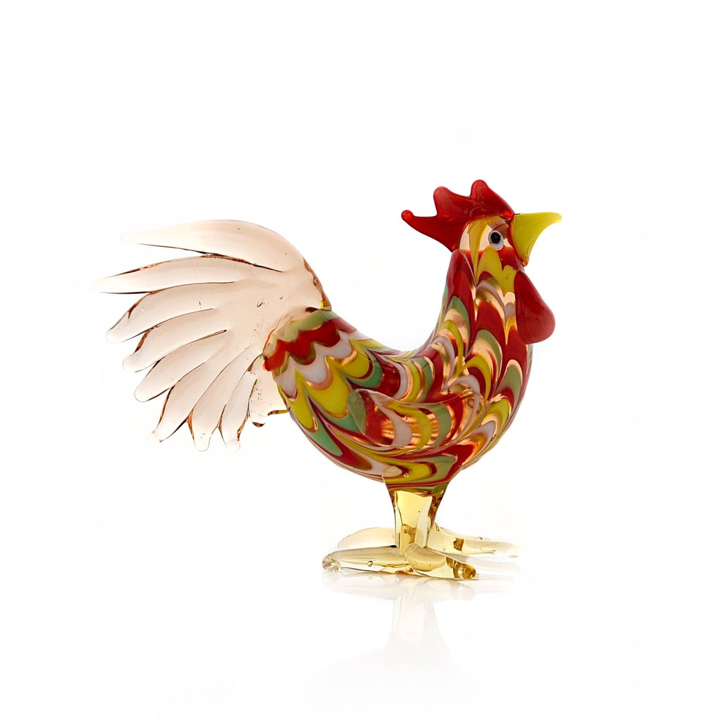 Colorful glass rooster figurine on a white background