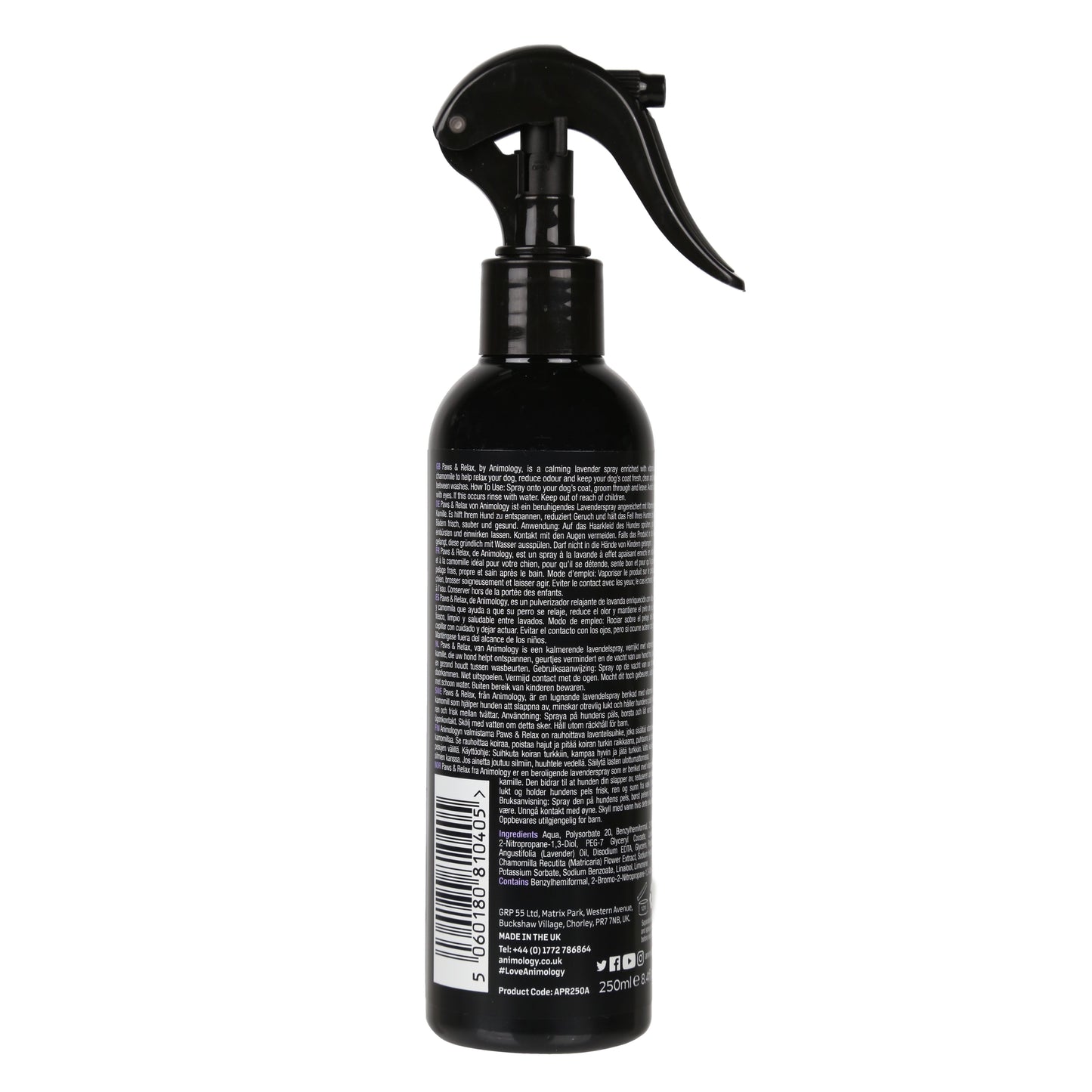 Black spray bottle with label on a white background