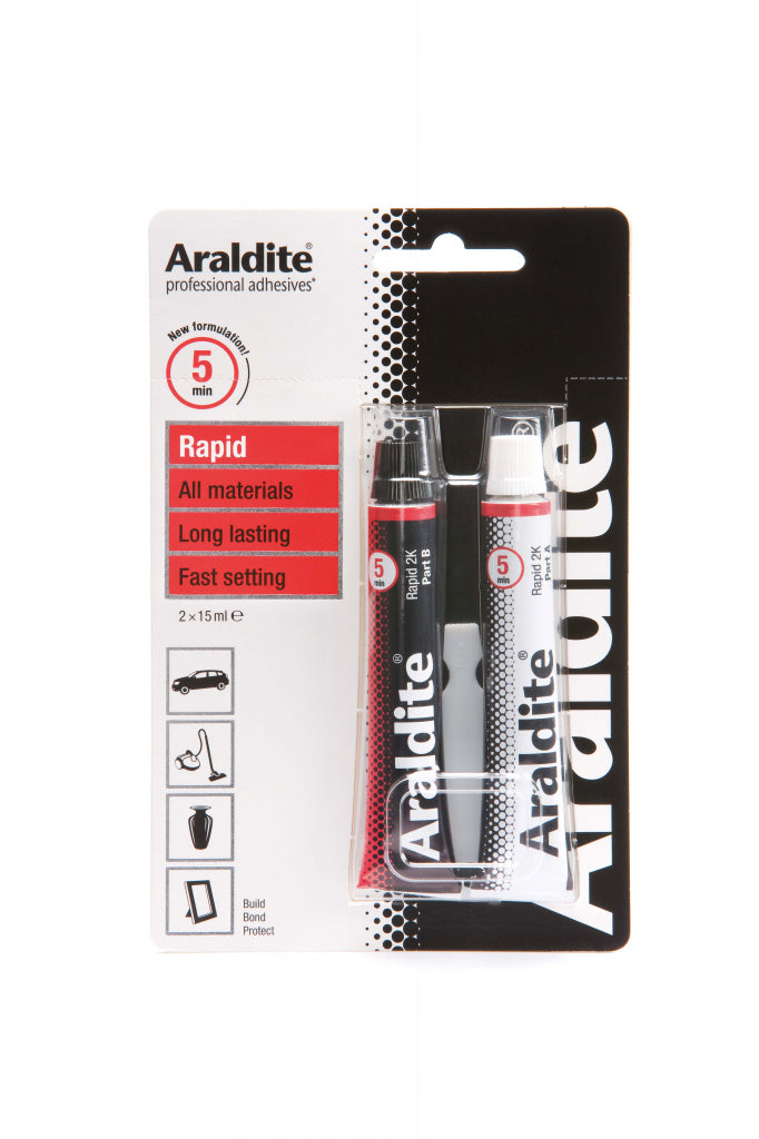 Araldite adhesive packaging with two tubes on a white background