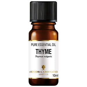 Thyme essential oil bottle with black cap on a white background