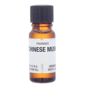 Amber glass bottle with black cap labeled 'Chinese Musk' on a white background