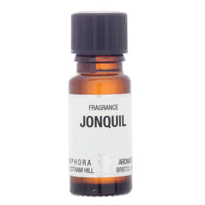 Small amber glass bottle of 'Jonquil' fragrance on a white background