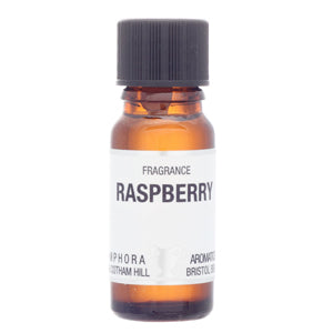 Small amber glass bottle labeled 'Raspberry' on a white background