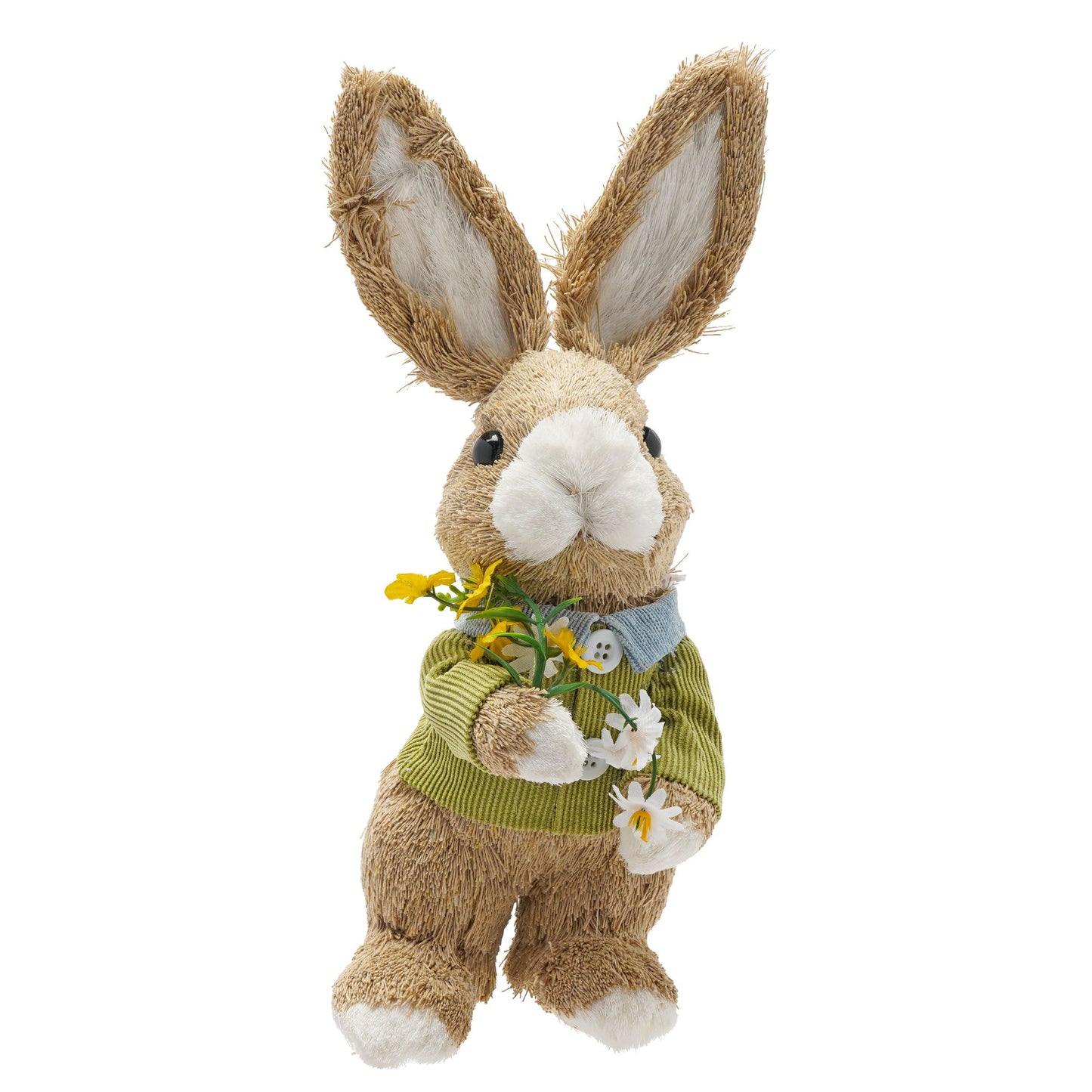 Stuffed bunny toy wearing a green sweater with flowers on a white background