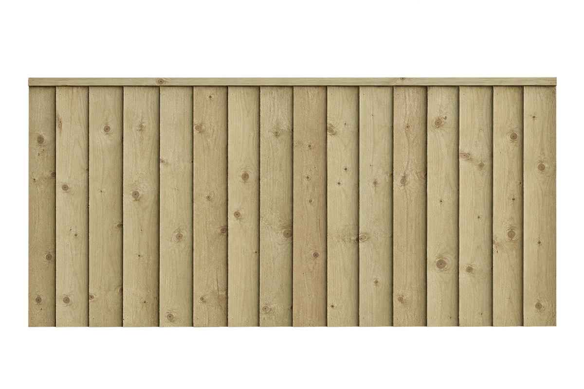 A rectangular sample of vertical wooden fence boards in a light natural tan color, shown against a plain white background.