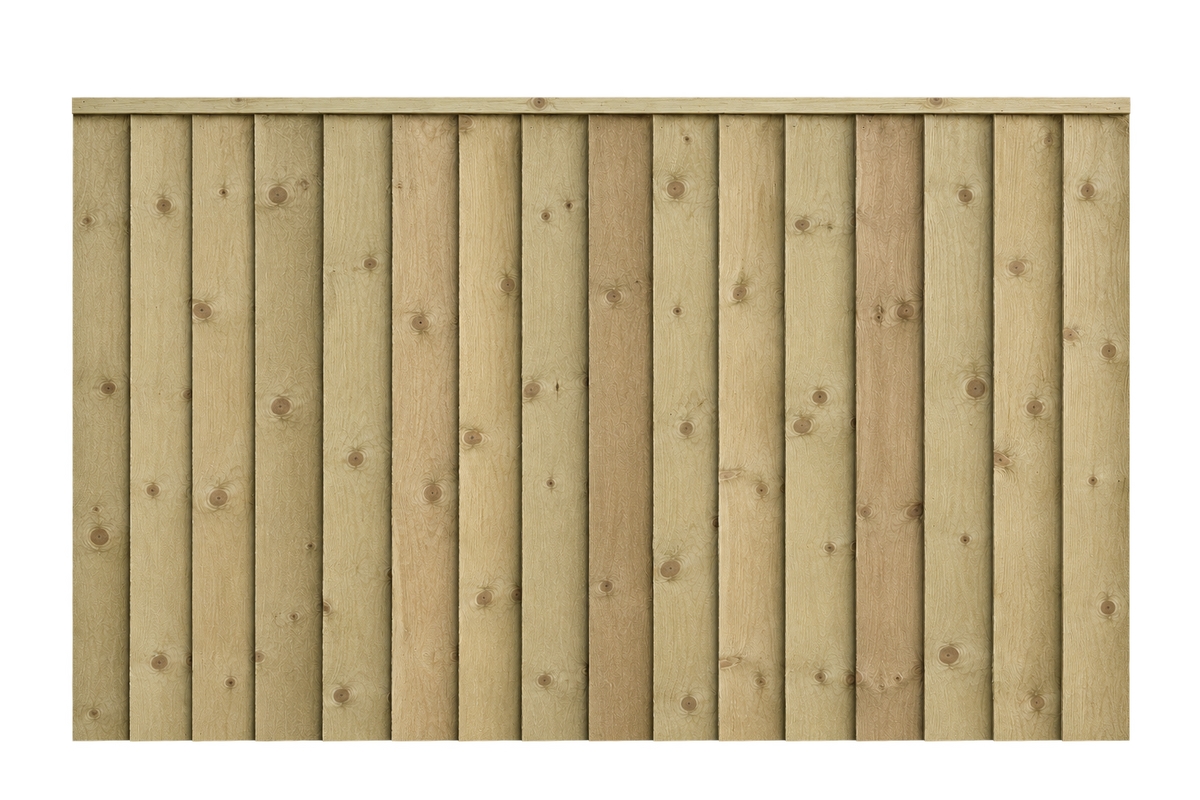 Light natural wood fence paneling with vertical slats and visible wood grain knots, shown against a plain white background.