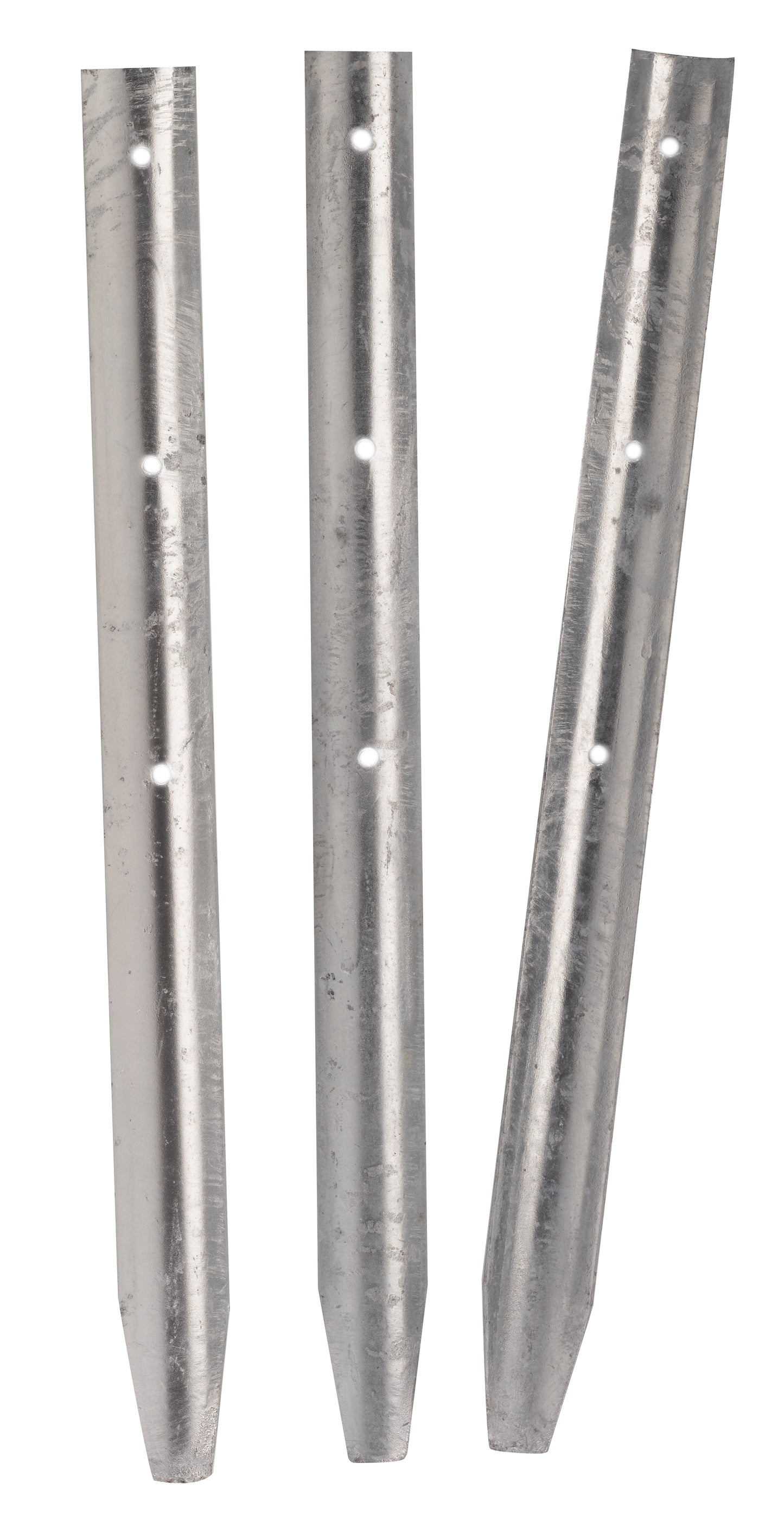 Three metal tent stakes on a white background