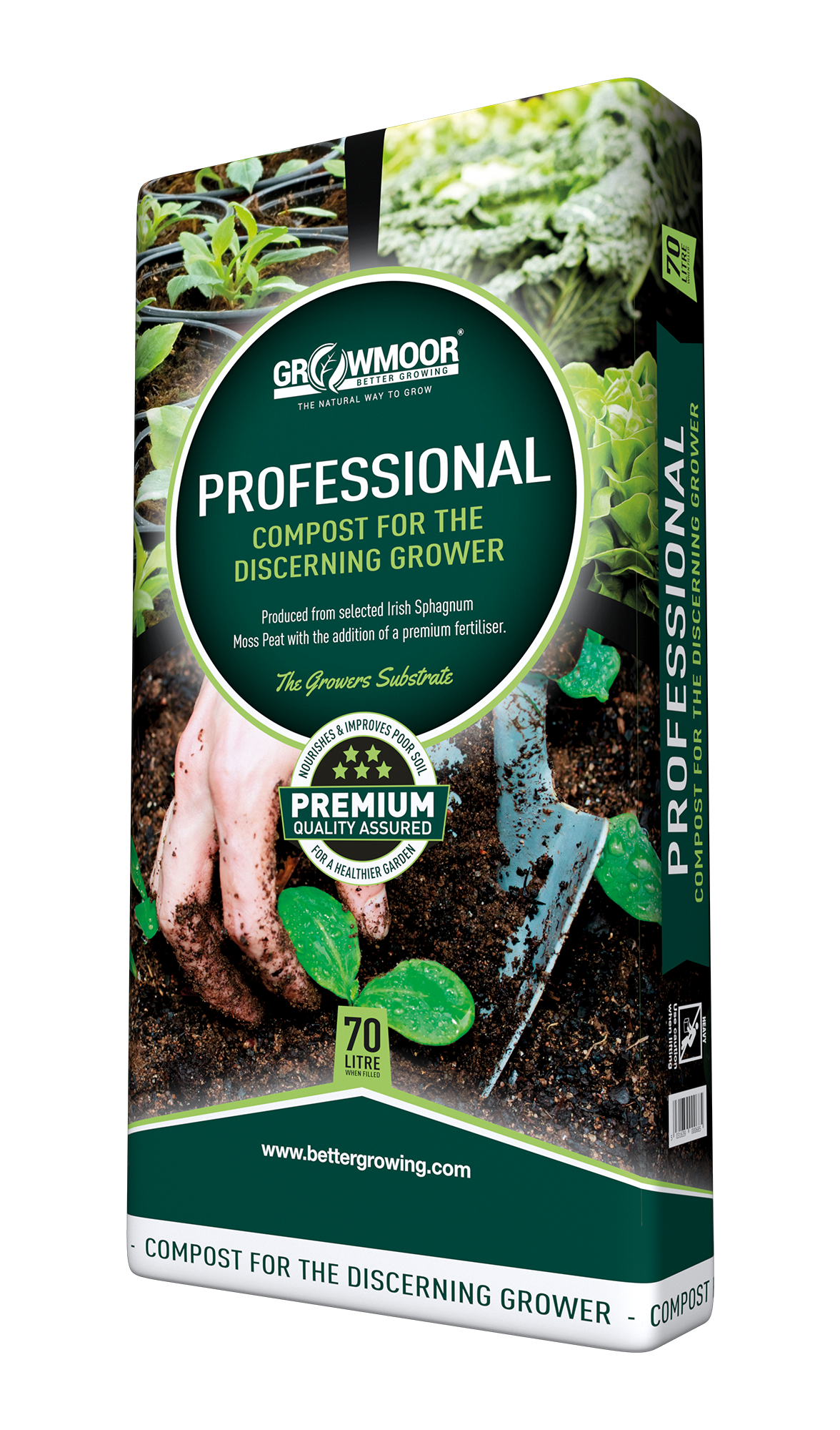 Growmoor compost packaging with branding and product description on a white background