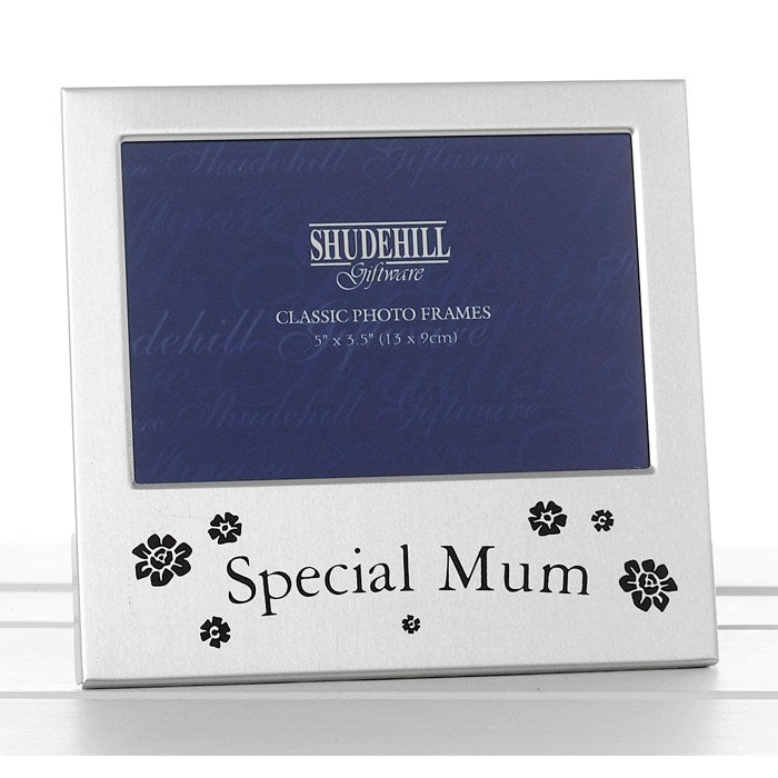 Silver photo frame with 'Special Mum' engraving on a white background
