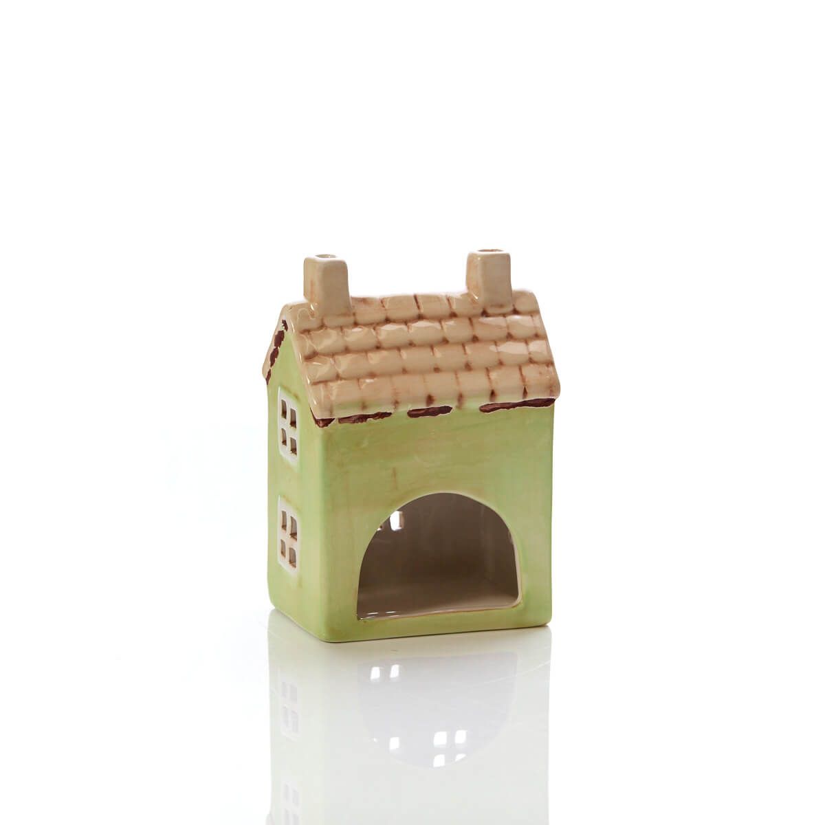 Light green ceramic miniature house tealight holder| Decorative cottage figurine with tan roof and floral detail | UK home or garden décor