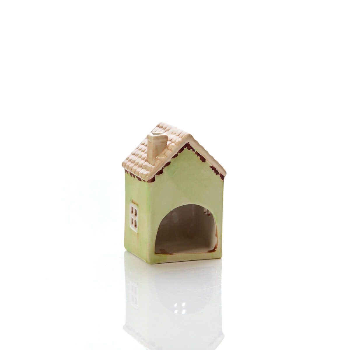 Light green ceramic miniature house ornament | Decorative cottage figurine with tan roof, heart window, and floral detail | UK home or garden décor
