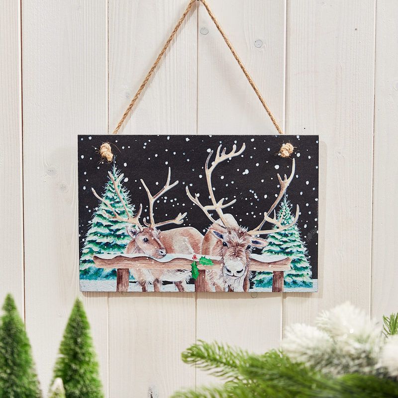 Christmas Reindeer Hanging Plaque | Rectangular slate sign with snowy reindeer and fir trees illustration | Festive wall or door decoration UK