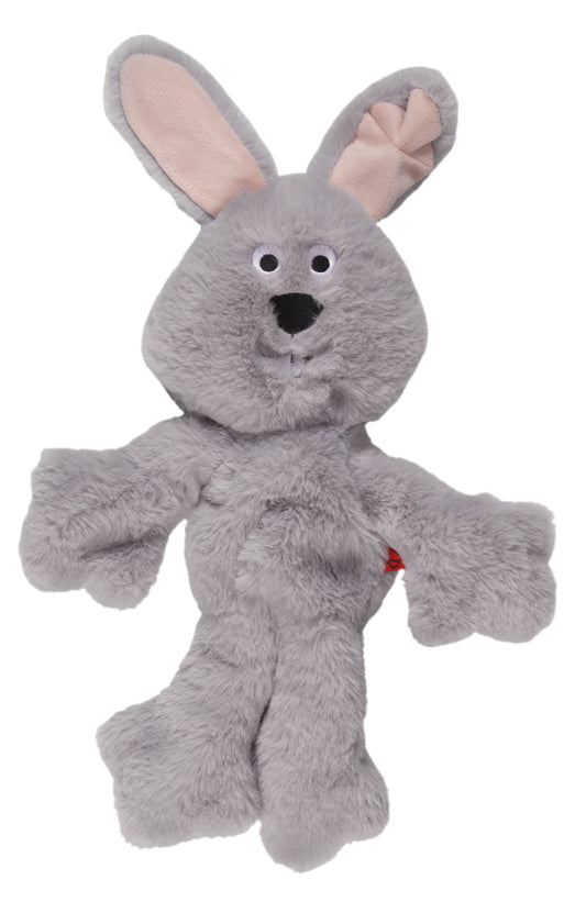 Gray plush toy resembling a rabbit on a white background