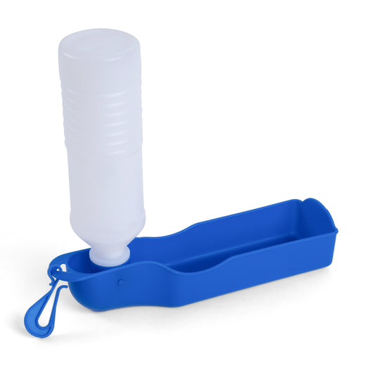 Blue pet water bottle and tray set on a white background