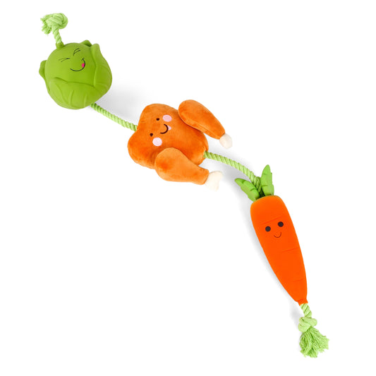 Plush toy set with a carrot, rabbit, and green character on a white background