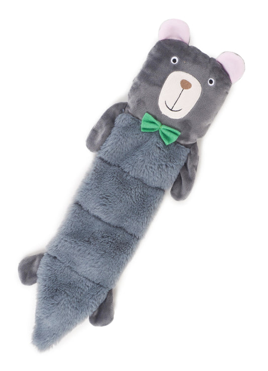 Plush toy resembling a cat in a gray outfit with a green bow tie on a white background