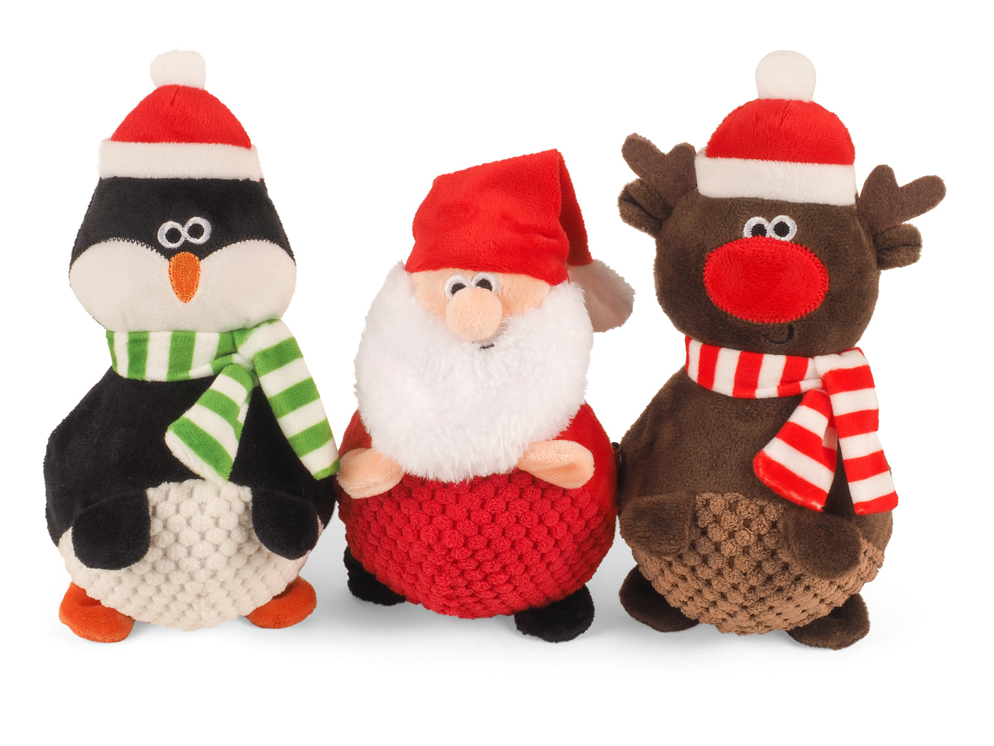 Three Christmas-themed plush toys: a penguin, Santa Claus, and reindeer, on a white background.