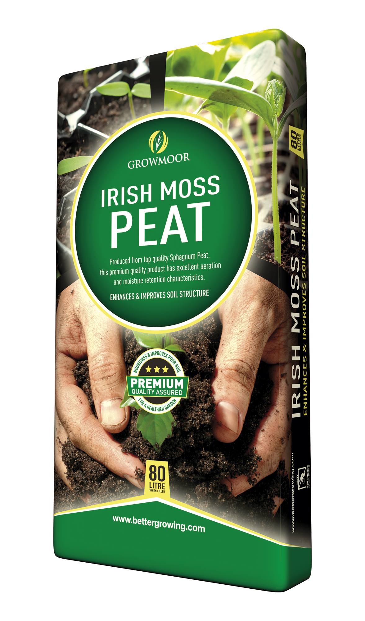 Growmoor Irish Moss Peat packaging with hands holding soil