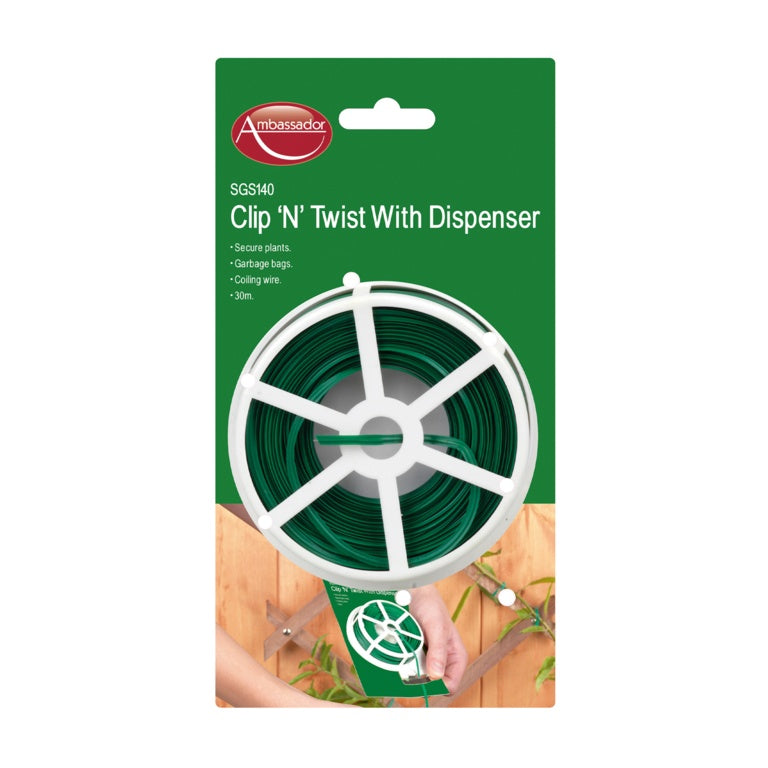 Packaging of a 'Clip 'N' Twist With Dispenser' product by Ambassador on a white background.
