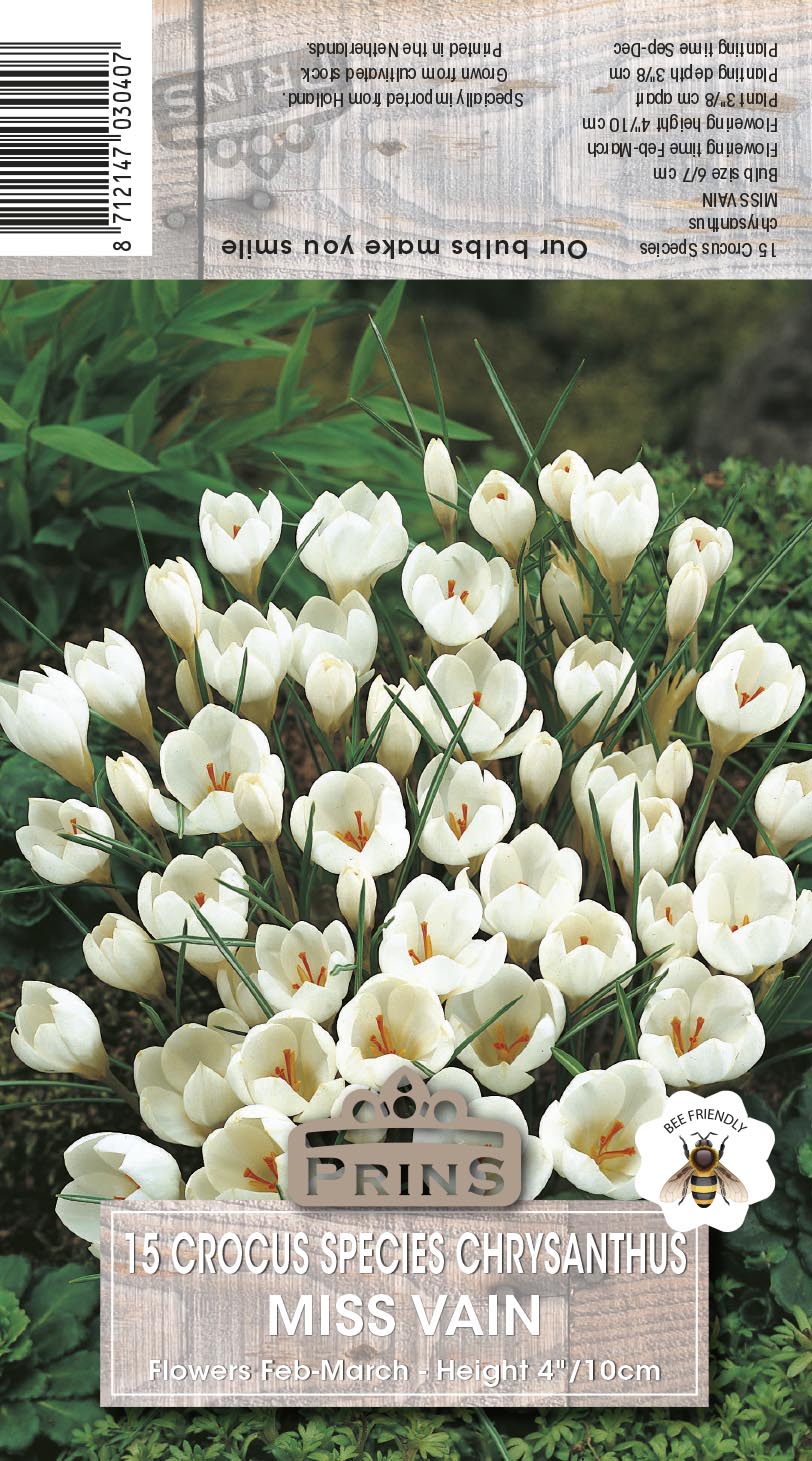 Flower packet with white flowers labeled 'Miss Vain' on a green background