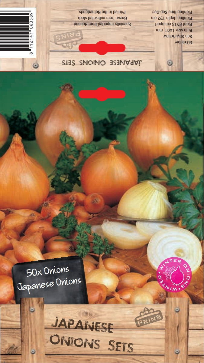 Packaging of Japanese onions with onions and parsley on a wooden crate background