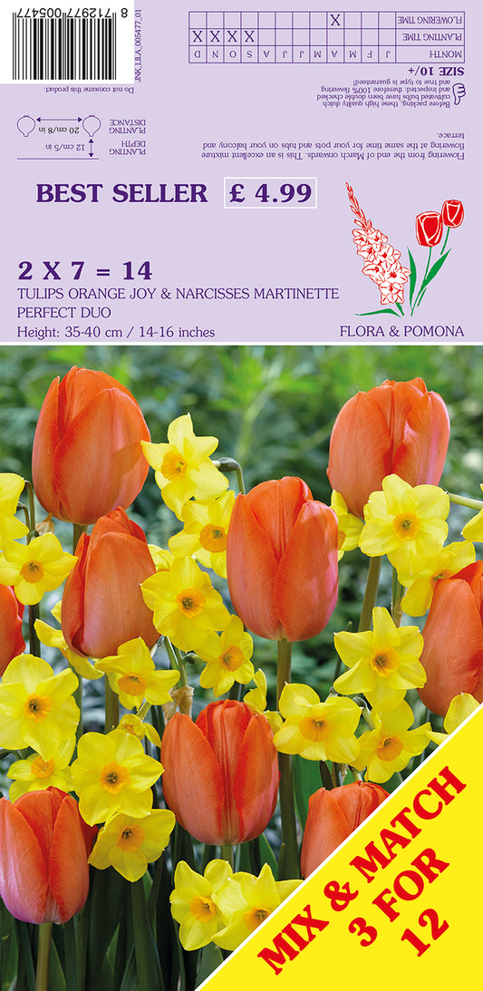 Flower package with tulips and daffodils, featuring a purple label and promotional text.